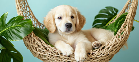 Adorable Golden Retriever Puppy Relaxing in a Macrame Hammock Surrounded by Tropical Greeneryの素材