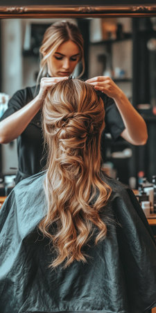 Skilled Hairdresser Styles an Elegant Updo Hairstyle for a Blonde Female Client in a Modern Salonの素材
