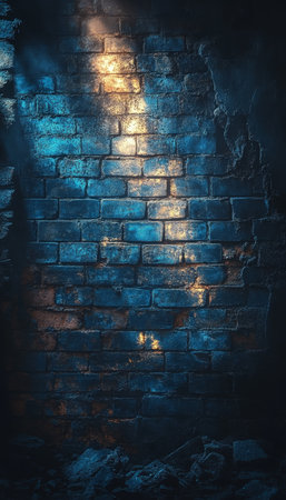 Dark Teal Blue Brick Wall With Grunge Texture, Light Effects, Ideal Urban Background Or Backdropの素材