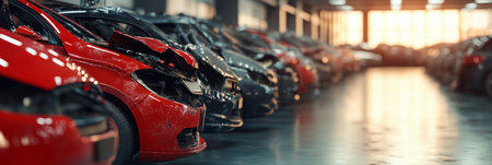 Damaged Cars in a Row at a Repair Shop, Auto Collision Center, Insurance Claim Assessmentの素材