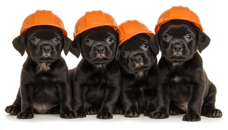 Four Cute Black Labrador Puppies Wearing Orange Construction Hats, Isolated on White Backgroundの素材