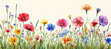 Watercolor Wildflowers Meadow Background Colorful Floral Banner, Botanical Illustrationの素材