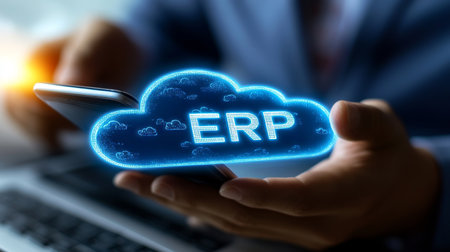 Businessman Accessing Cloud ERP System on Mobile Device for Enterprise Resource Planningの素材