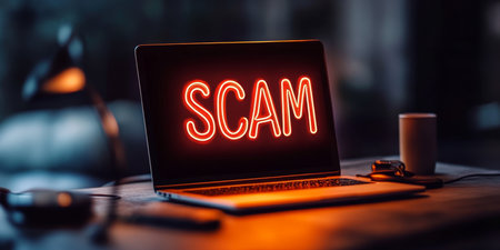 Laptop With Glowing Neon Scam Text On Screen, Online Fraud And Cyber Security Conceptの素材