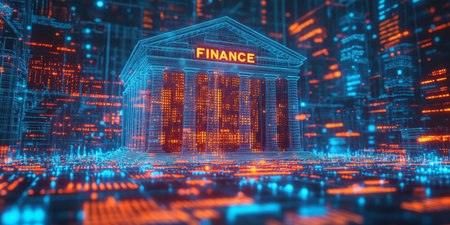 Glowing Outline of Bank Building on Abstract Background, Finance and Technology Conceptの素材