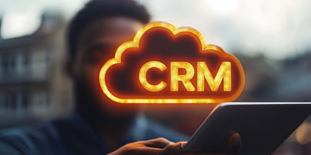 Businessman Accessing Cloud CRM System On Mobile Device, Illuminated Text In Cloud Iconの素材