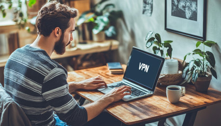 Remote worker using VPN on laptop in home office, prioritizing online privacy and secure connection.の素材