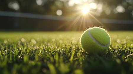 Tennis Ball on Lush Green Grass Court, Golden Hour Sunlight, Sports and Recreation Backgroundの素材