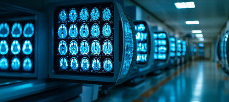 Rows of Monitors Displaying Brain MRI Scans Illuminating a Modern Medical Imaging Centerの素材