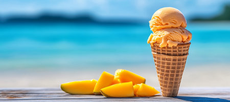 Mango Ice Cream In Waffle Cone With Mango Slices On Tropical Beach Background, Summer Concept.の素材