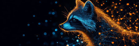 Holographic Raccoon Head Glowing in Digital Space with Futuristic Blockchain Technology Conceptの素材