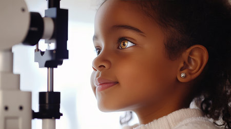 Young Girl Getting Eye Exam, Child s Visit to Ophthalmologist, Eye Health in Childrenの素材