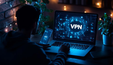 Cybersecurity and Online Privacy Concept Man Using Laptop and Secure Connection with VPN at Night.の素材