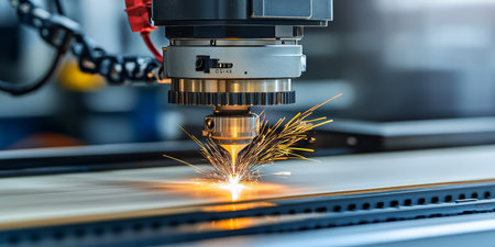 Industrial Laser Cutting Machine in Action, Generating Sparks While Cutting Through Metal Sheetの素材