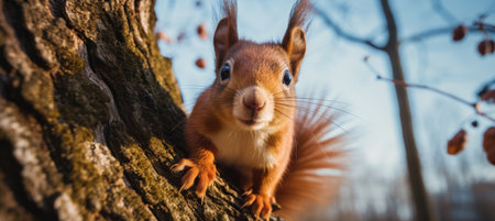 Curious Red Squirrel With Fluffy Tail, Posing on a Tree Trunk in Autumn Park. Wildlife Watching.の素材