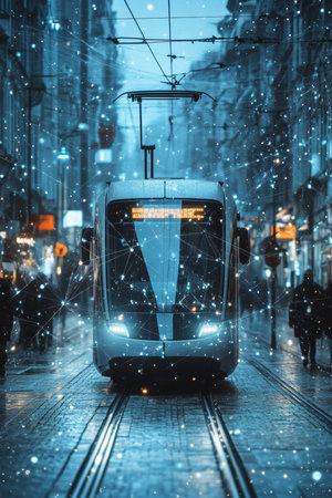 Modern Tram in Snowy Cityscape Urban Electric Transportation in Winter Wonderland at Twilight.の素材
