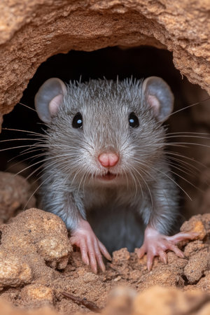 Curious Grey Rat Peeking Out of Its Underground Burrow, Close-up View, Wildlife Portraitの素材