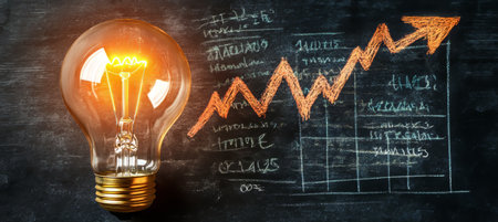 Dramatic Increase in Electricity Prices. Electric Light Bulb and Rising Graph on Chalkboard.の素材
