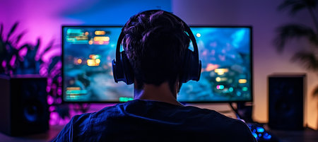 Immersed in the Digital Realm Gamer with Headphones Focused on an Intense Single Player Video Game.の素材