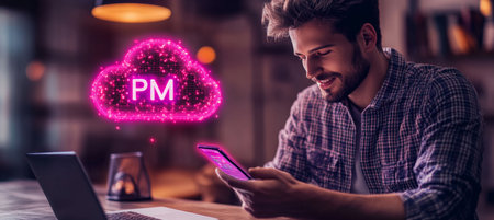 Businessman Accessing Cloud Based Project Management Software Via Mobile Device At Nightの素材