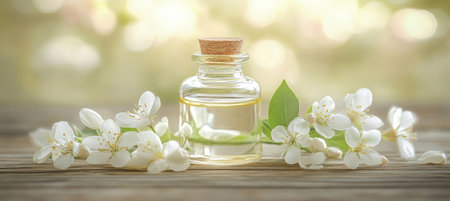 Neroli Essential Oil in Glass Bottle Surrounded by Delicate Orange Blossoms on a Rustic Wooden Tableの素材