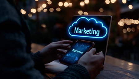 Businessman Accessing Cloud Based Marketing Automation Software on Mobile Device at Nightの素材