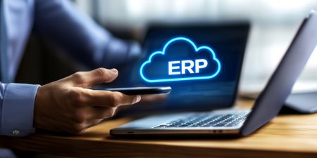 Businessman Accessing Cloud-Based ERP System on Mobile Device, Glowing Cloud Icon on Laptopの素材