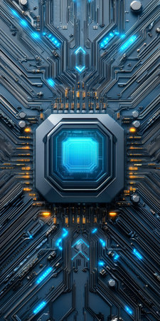 Futuristic Circuitry Illustration With Luminous CPU, Microchips, and Blue Neon Tech Backgroundの素材