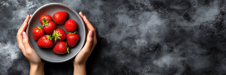 Woman s Hands Holding Gray Plate With Fresh, Ripe, Juicy Strawberries. Dark Grey Textured Backgroundの素材