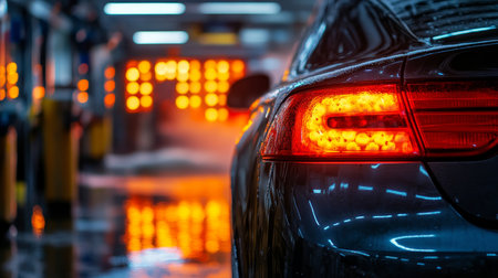 Luxury Car Wash A Detailed View of a Sedan s Taillight in a Modern Car Wash Facilityの素材