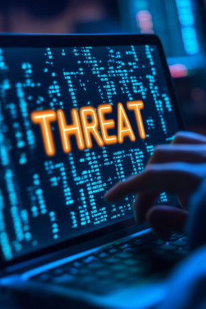 Cybersecurity Threat, Laptop Screen Warning, Digital Security Breach, Online Risk Conceptの素材