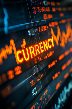 Yellow Neon CURRENCY Sign, Abstract Background, Financial Market, Forex Exchange, Analysis Concept.の素材