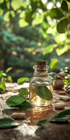 Glass Bottle of Essential Oil, Surrounded by Lush Leaves, on Rustic Wood A Serene Wellness Concept.の素材