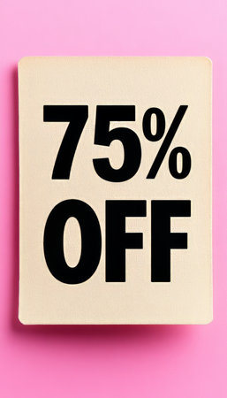 Minimalist beige square note with black 75 Off text, isolated on a vibrant pink background.の素材