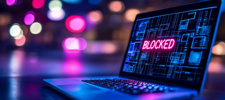 Laptop With Neon BLOCKED Sign Cybersecurity Threat, Internet Censorship, Access Deniedの素材