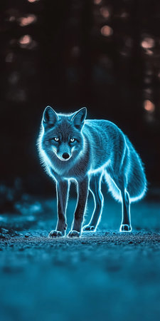 Glowing Blue Holographic Fox in Digital Space, Modern Technology and Futuristic Wildlife Conceptの素材