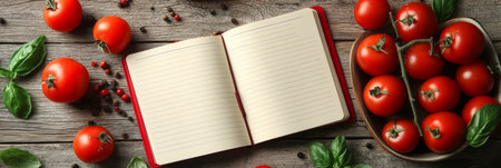 Open Recipe Book, Fresh Tomatoes, Herbs And Spices On Rustic Wood Table. Top View, Copy Space.の素材