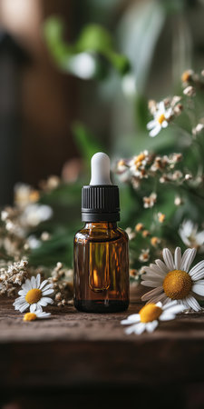Chamomile Essential Oil In Glass Bottle Surrounded By Dried Flowers And Petals Cozy Sceneの素材