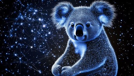 Futuristic Holographic Koala Against a Starry Background, Symbolizing Technology and Innovationの素材
