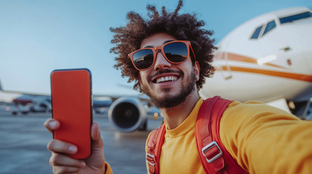 Smiling Young Man With Sunglasses Taking A Selfie With Smartphone In Front Of An Airplaneの素材