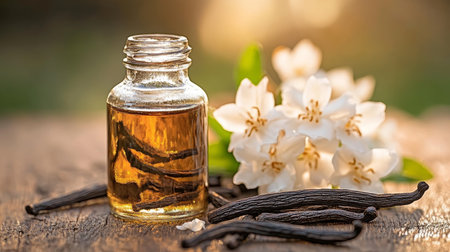 Vanilla Extract, Dried Vanilla Pods, and Delicate White Orchid Flowers on a Rustic Wooden Table.の素材