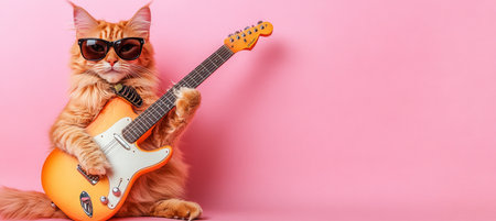 Cool Red Maine Coon Cat Wearing Sunglasses Playing Electric Guitar on Pink Backgroundの素材