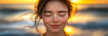Golden Hour Tranquility Close-up Portrait of a Young Woman with Freckles, Eyes Closed, at Sunsetの素材