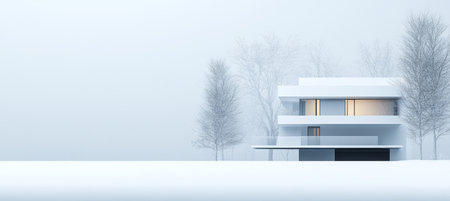 Modern Minimalist White House, Surrounded by Winter Trees, 3D Render, Architecture Visualizationの素材