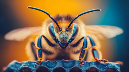 Close-Up Portrait of a Honeybee Detailed Eyes, Antennae, and Fuzzy Body on Honeycombの素材
