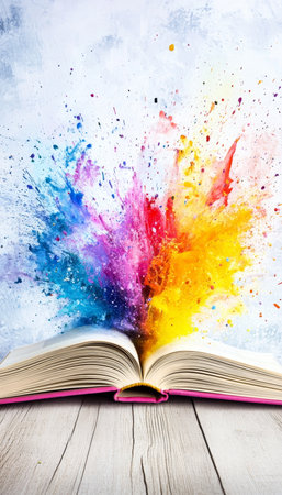 Colorful Ink And Paint Explosion From Open Book On Rustic Wooden Table, Creativity Conceptの素材