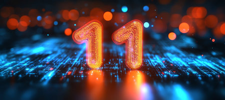 Glowing Digital 3D Number 11 in Futuristic Style on Digital Abstract Background with Bokehの素材