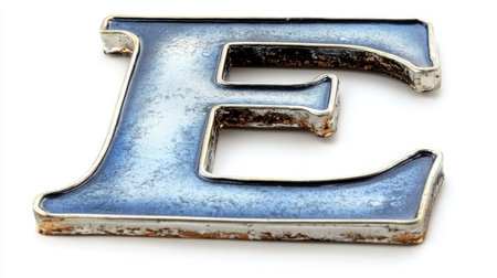 Blue Metallic Letter E of the Alphabet, Isolated on White Background, Simple Graphic Design Elementの素材