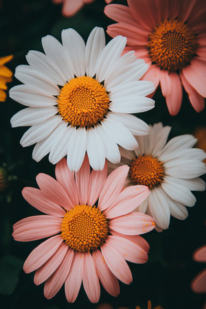 Pink and White Daisies in Bloom A Close-Up View of Delicate Floral Beauty under Natural Sunlightの素材