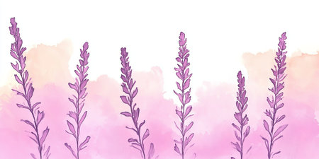 Watercolor Background, Pale Pink, Beige With Detailed Purple Wildflower Plants, Sketchy Styleの素材
